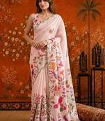 Pink floral mirror work satin saree