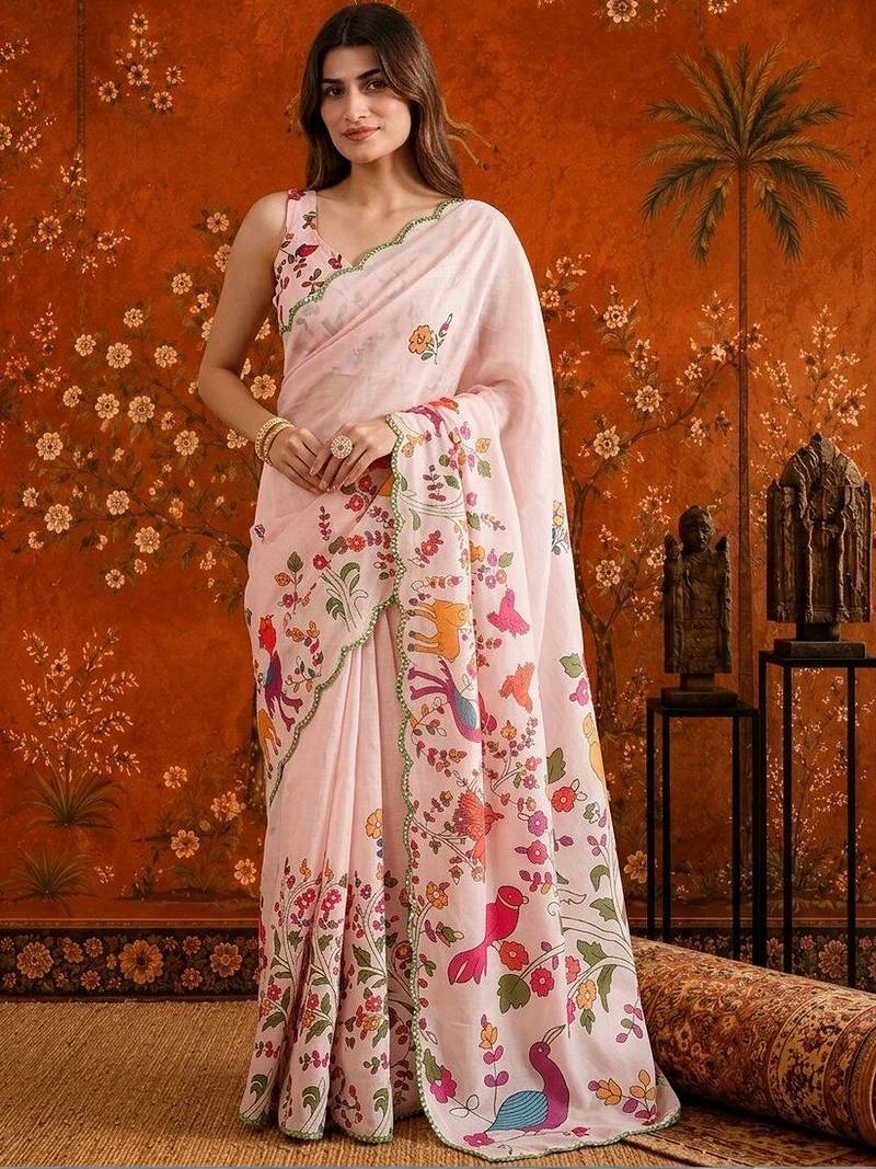 Pink floral mirror work satin saree