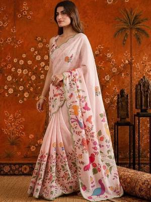 Pink floral mirror work satin saree 2