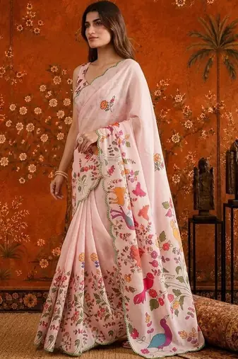 Pink floral mirror work satin saree