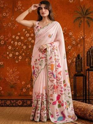 Pink floral mirror work satin saree 3