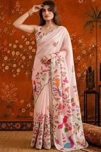 Pink floral mirror work satin saree