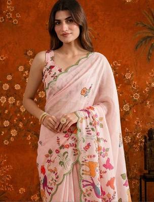 Pink floral mirror work satin saree 4