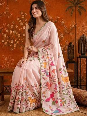 Pink floral mirror work satin saree 5