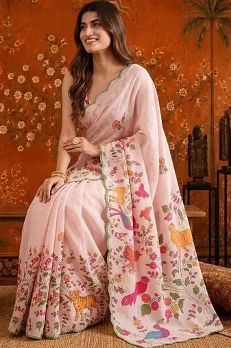 Pink floral mirror work satin saree