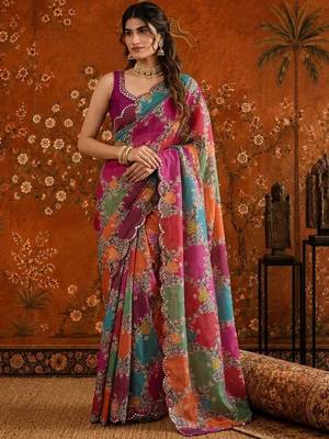 Multicolor floral mirror work satin saree 1