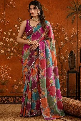 Multicolor floral mirror work satin saree