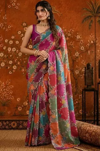 Multicolor floral mirror work satin saree
