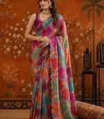 Multicolor floral mirror work satin saree