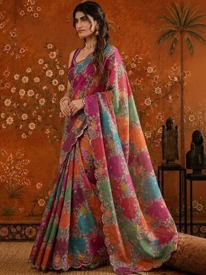 Multicolor floral mirror work satin saree 2