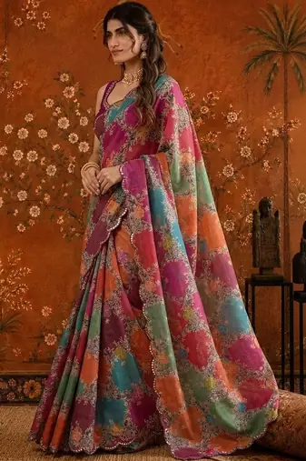 Multicolor floral mirror work satin saree