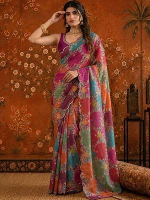 Multicolor floral mirror work satin saree 3