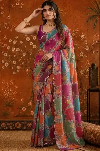 Multicolor floral mirror work satin saree