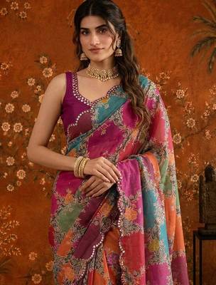 Multicolor floral mirror work satin saree 4