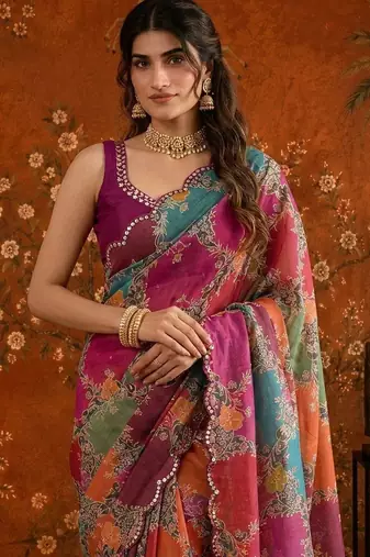 Multicolor floral mirror work satin saree