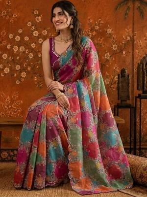 Multicolor floral mirror work satin saree 5