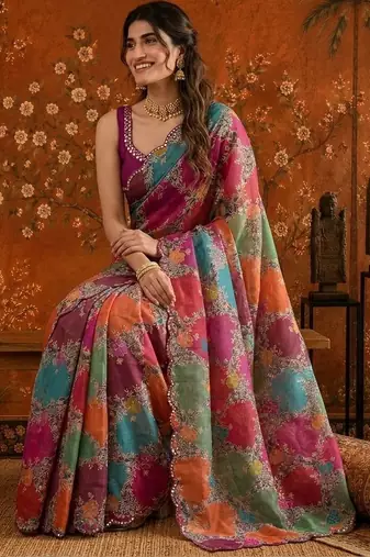 Multicolor floral mirror work satin saree