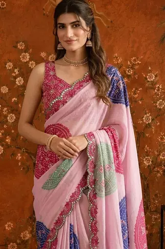 Pink bandhani mirror work satin saree