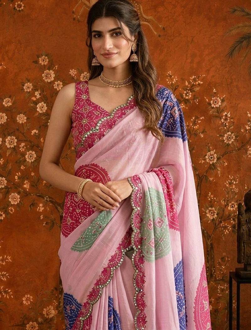 Pink bandhani mirror work satin saree