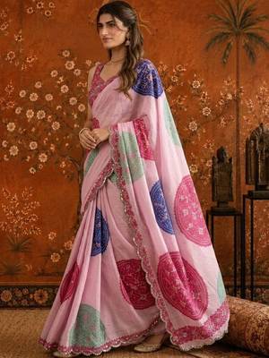 Pink bandhani mirror work satin saree 2