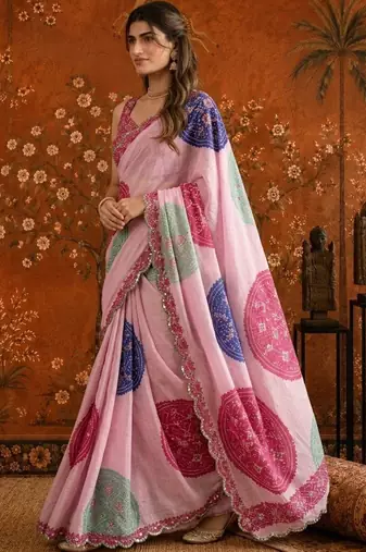 Pink bandhani mirror work satin saree