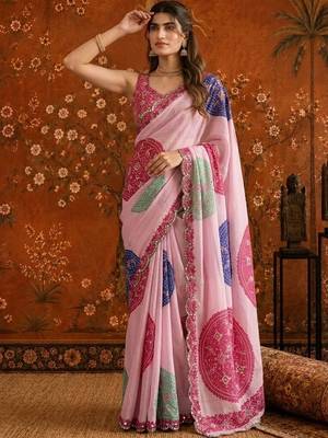 Pink bandhani mirror work satin saree 3