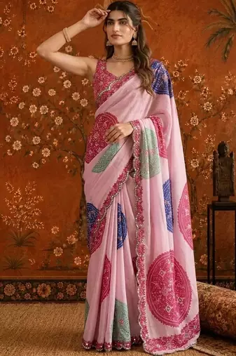 Pink bandhani mirror work satin saree