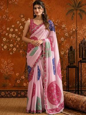 Pink bandhani mirror work satin saree 4