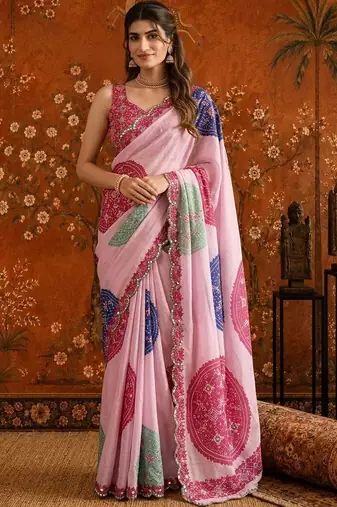 Pink bandhani mirror work satin saree