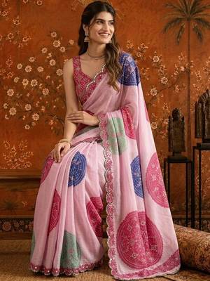 Pink bandhani mirror work satin saree 5