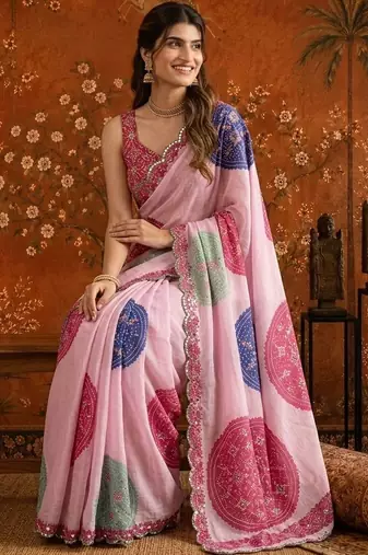 Pink bandhani mirror work satin saree
