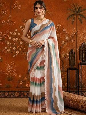 White colourblocked mirror work satin saree 1
