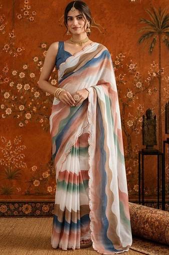 White colourblocked mirror work satin saree