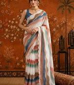 White colourblocked mirror work satin saree