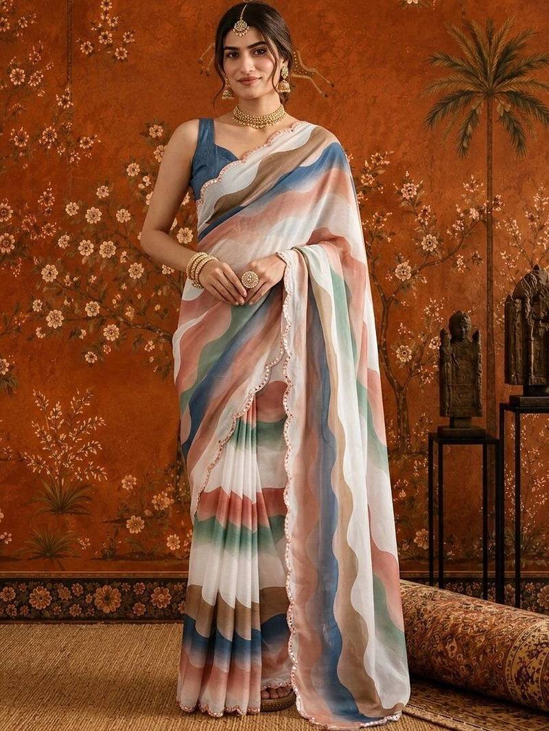 White colourblocked mirror work satin saree