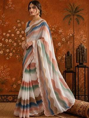 White colourblocked mirror work satin saree 2