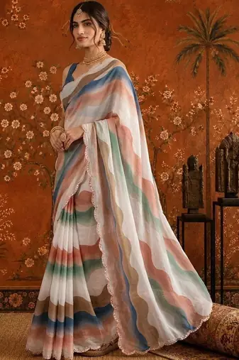 White colourblocked mirror work satin saree
