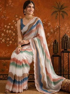 White colourblocked mirror work satin saree 3