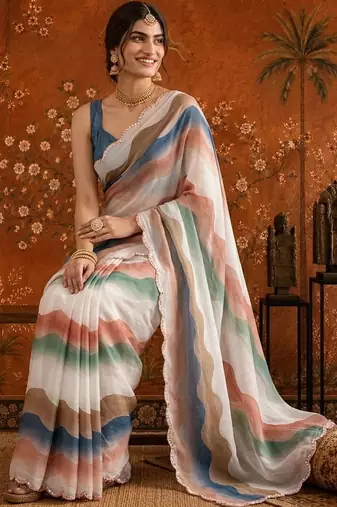 White colourblocked mirror work satin saree