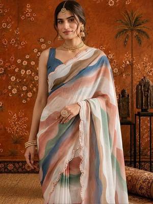 White colourblocked mirror work satin saree 4