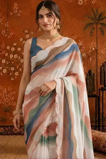 White colourblocked mirror work satin saree