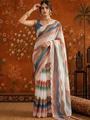 White colourblocked mirror work satin saree 5