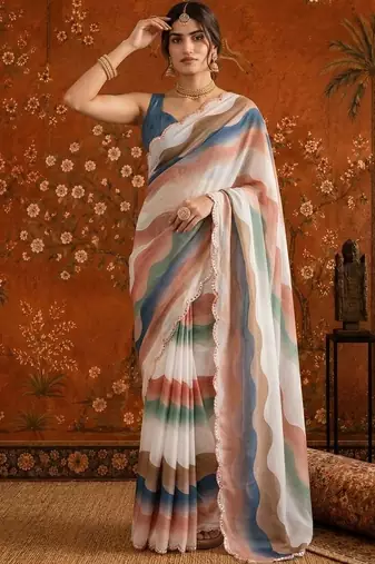 White colourblocked mirror work satin saree
