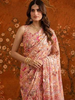 Peach mirror work satin saree 1