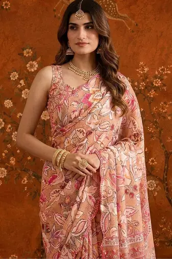 Peach mirror work satin saree