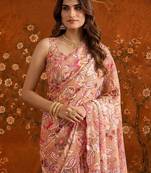 Peach mirror work satin saree