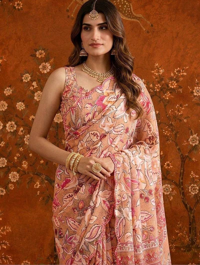 Peach mirror work satin saree