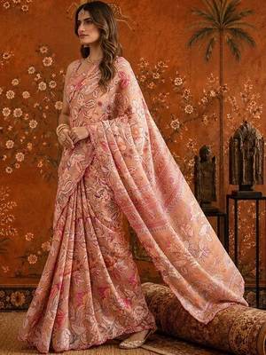 Peach mirror work satin saree 2