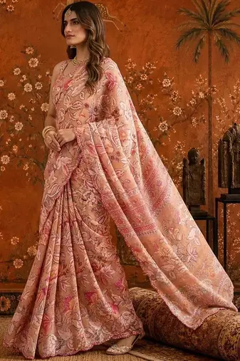 Peach mirror work satin saree