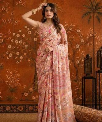 Peach mirror work satin saree 3